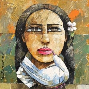 Iqbal Durrani Woman with Dove and Flower Painting 18x18 2026 oil on canvas, available, original expressionist portrait of woman with white flower in hair holding white dove, earthy golden green background, signed 2026, Pakistani contemporary art