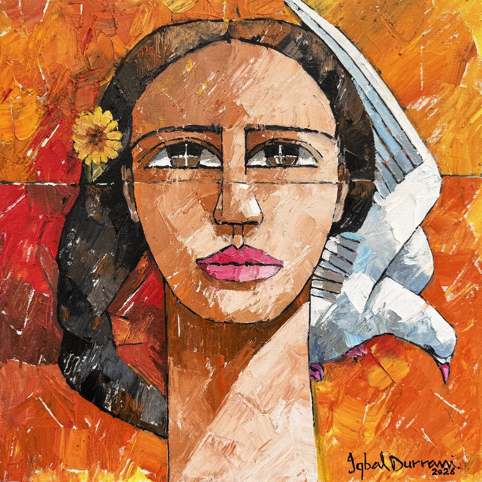 iqbal-durrani-woman-with-dove-portrait-painting-18×18 Iqbal Durrani Woman with Dove Portrait Painting 18x18 oil on canvas, available, original expressionist portrait of woman with sunflower in hair white dove on shoulder fiery orange background, signed 2026, Pakistani figurative art
