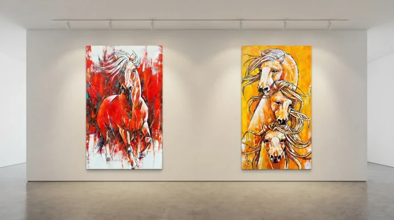 Two horse portrait paintings displayed on a wall, showcasing detailed equine features and expressions.