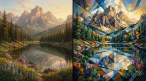 Two cubist landscape paintings depicting abstract mountains and water in vibrant colors and geometric shapes.