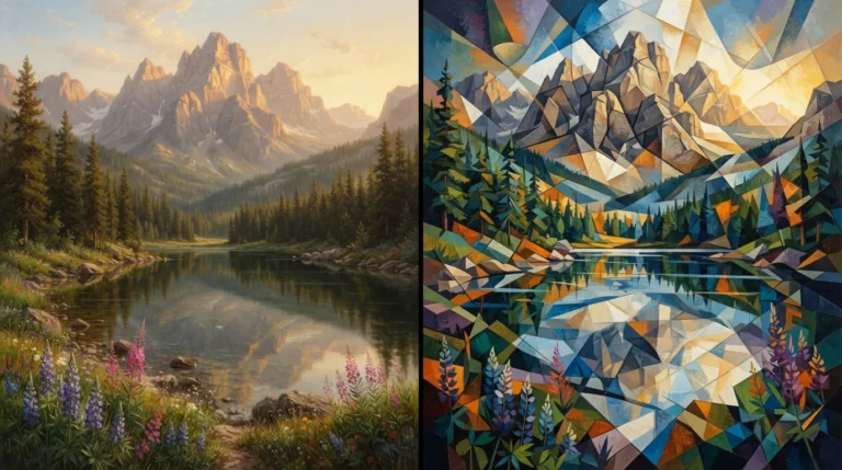 Two cubist landscape paintings depicting abstract mountains and water in vibrant colors and geometric shapes.