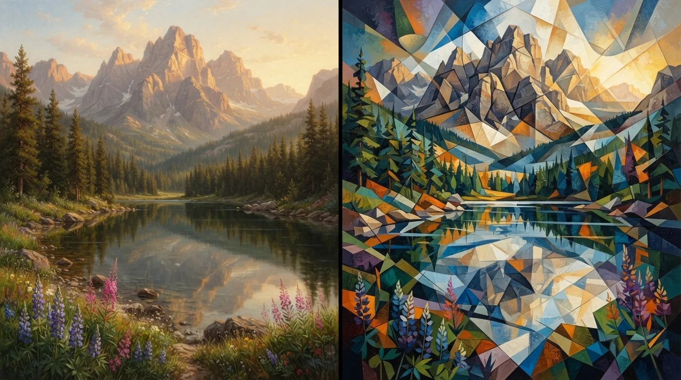 Two cubist landscape paintings depicting abstract mountains and water in vibrant colors and geometric shapes.
