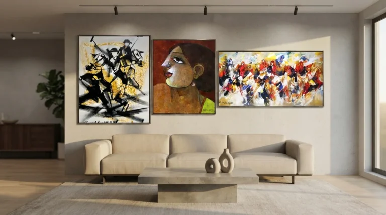 A cozy living room featuring three cubism art works, each with unique geometric designs and bold hues.