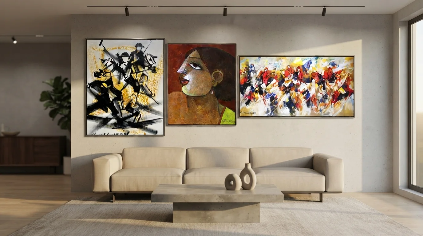 A cozy living room featuring three cubism art works, each with unique geometric designs and bold hues.