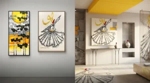 Two minimalist art paintings depicting a woman in a yellow room, emphasizing simplicity and color contrast.