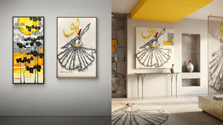 Two minimalist art paintings depicting a woman in a yellow room, emphasizing simplicity and color contrast.