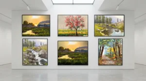 Interior of a large room showcasing different types of landscape paintings on the walls.