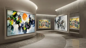 A gallery interior showcasing abstract horse paintings displayed on the walls, with soft lighting enhancing artworks.
