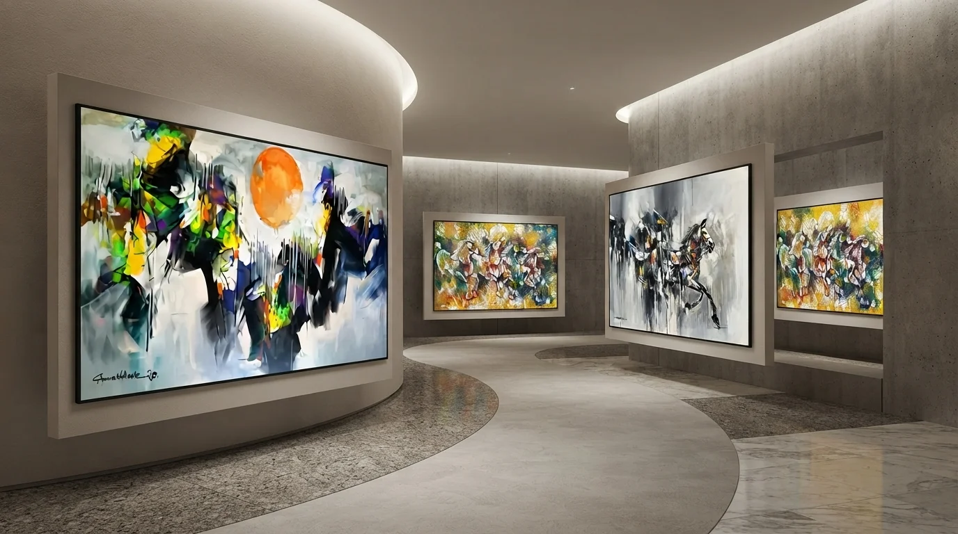 A gallery interior showcasing abstract horse paintings displayed on the walls, with soft lighting enhancing artworks.