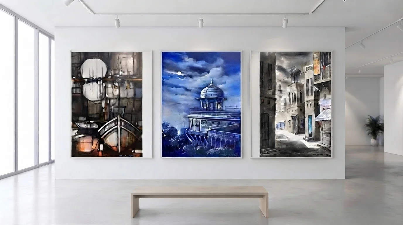 Three monochromatic painting frames displayed on a gallery wall, showcasing varying shades of a single color.