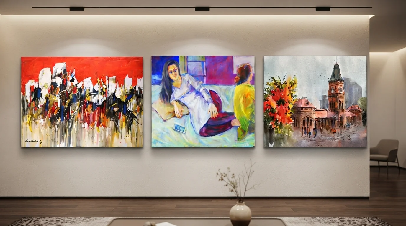 Three expressionism paintings displayed on a living room wall, showcasing vibrant colors and abstract forms.